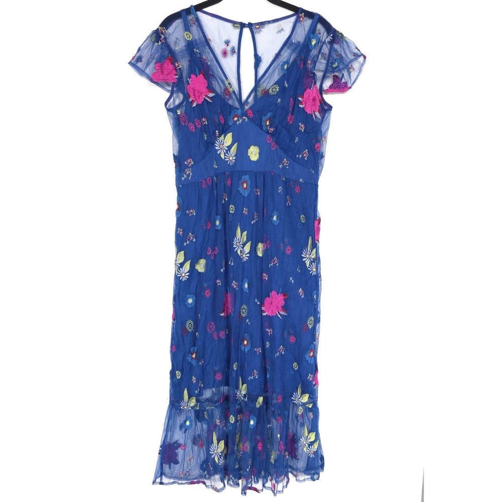 Anthropologie TRACY REESE Midi Dress Size 12P Embroidered Topaz Blue Floral - Picture 4 of 16